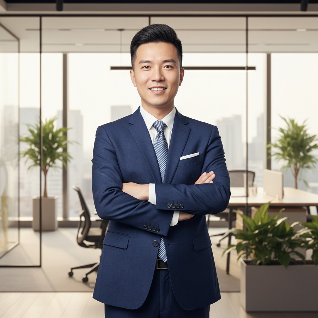 A smiling Asian businessman in a blue suit stands with his arms crossed in a modern office with large windows.
