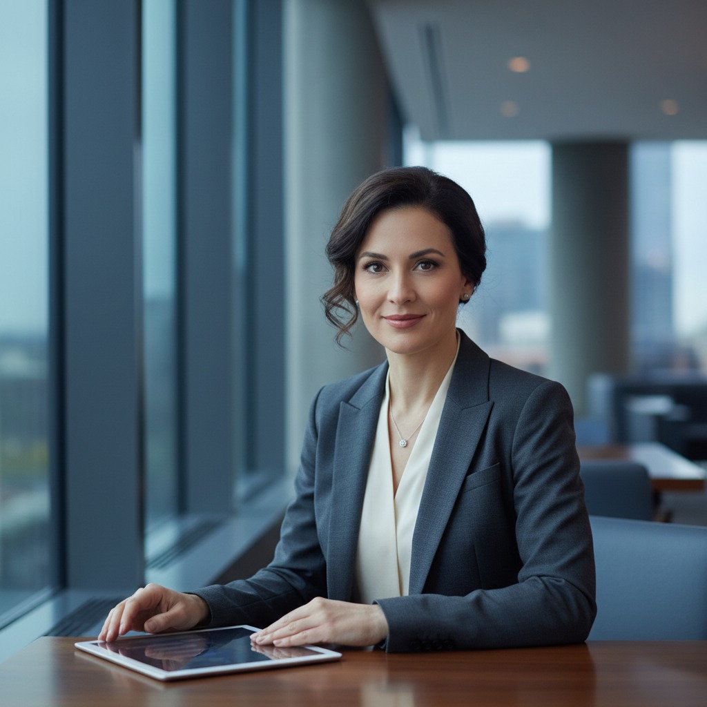 A professional woman in a grey blazer sits at a table with a tablet in a modern office overlooking a city.